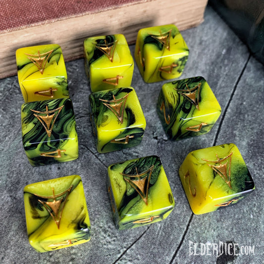Yellow Sign Dice - Burnt Bone and Tattered Yellow D6 Set